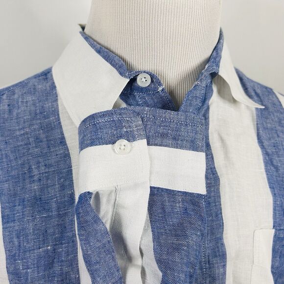 Island Company Large 100% Linen Classic Striped Shirt Blue White Button Front - Picture 4 of 5